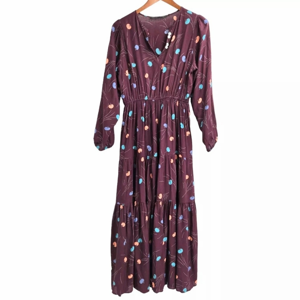 Christy Dawn Long Sleeve Dress Burgundy Fruit Print
